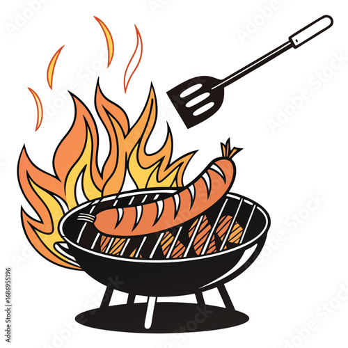 Barbecue Bliss Sausage on the Grill with Flames and Tongs a Classic Summer Cookout Vector Illustration Graphic
