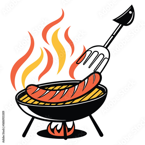 Barbecue Bliss Sausage on the Grill with Flames and Tongs a Classic Summer Cookout Vector Illustration Graphic