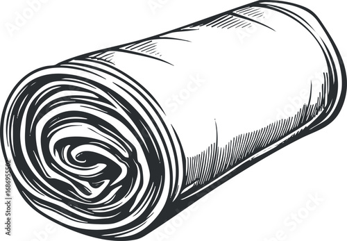 Black and white sketch of a rolled fabric or blanket showing texture and folds for home comfort and design