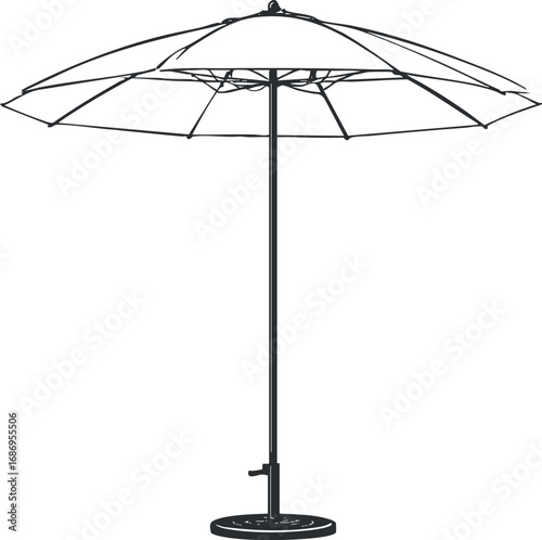 Black and white line drawing of an outdoor patio umbrella with a stand for sun protection