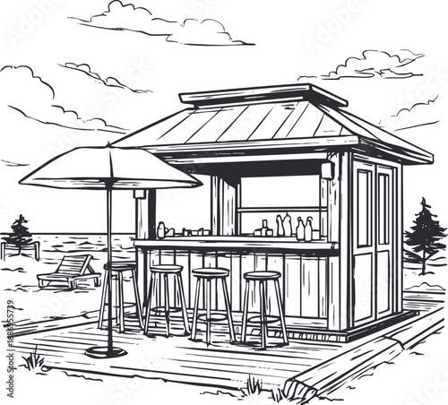 Black and white sketch of a beach bar hut with stools and an umbrella on a wooden deck by the ocean shore