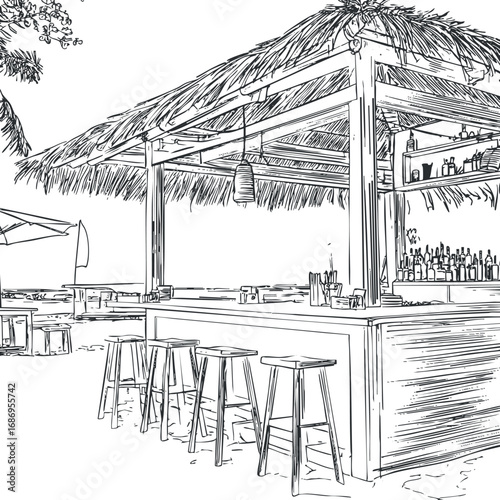 Hand drawn sketch of a tropical beach bar with wooden stools and a thatched roof, perfect for vacation relaxation.