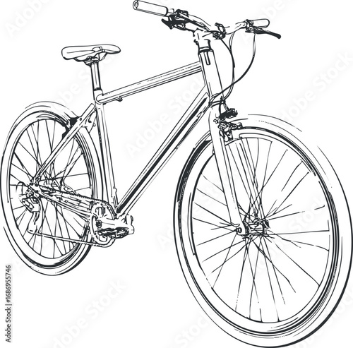 Black and white line art illustration of a road bicycle showing frame, wheels, handlebars, and pedals for urban cycling and exercise