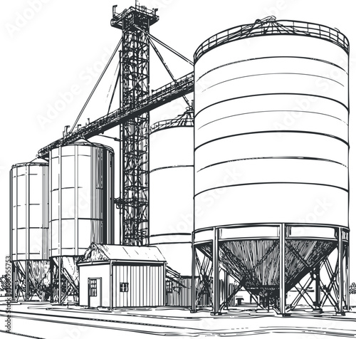 Black and white sketch of large agricultural silos and grain storage tanks with supporting structures and small building