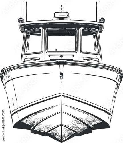 Front view line art illustration of a boat or fishing vessel showing detailed hull and cabin design