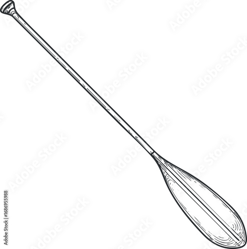 Hand drawn vintage illustration of a wooden paddle used for canoeing or kayaking on water.