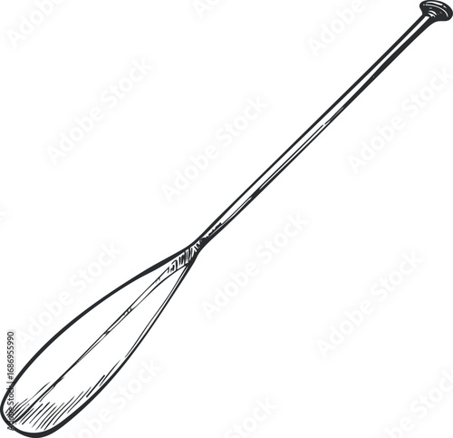 Black and white hand drawn illustration of a wooden paddle used for canoeing or kayaking on water.