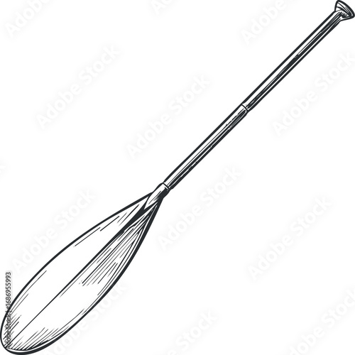 Hand-drawn illustration of a wooden paddle used for canoeing or kayaking on water activities