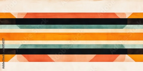 Abstract geometric pattern featuring horizontal orange black blue red stripes and modern design elements, perfect as background or wall art for interior decoration in contemporary style