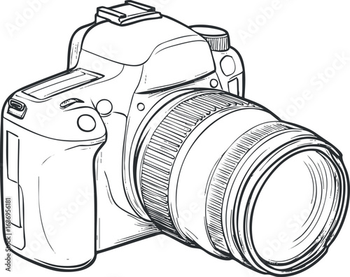 Black and white sketch illustration of a digital single-lens reflex camera with detailed lens and body