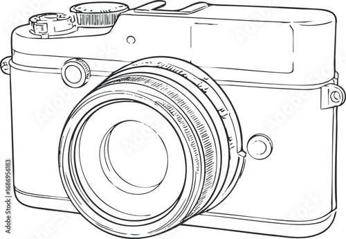Black and white line drawing of a vintage camera with a large lens and detailed controls