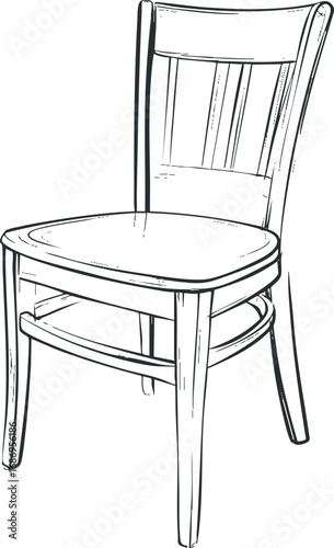 Black and white line drawing of a classic wooden chair with a backrest and four legs isolated on white background