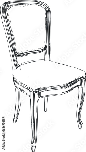 Black and white sketch illustration of a classic wooden chair with a cushioned seat and backrest