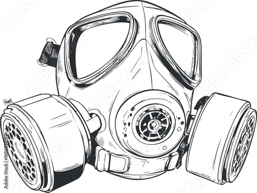 Black and white illustration of a gas mask with dual filters for respiratory protection in hazardous environments
