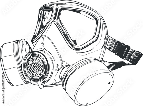 Illustration of a protective gas mask respirator with dual filters designed for safety and air filtration