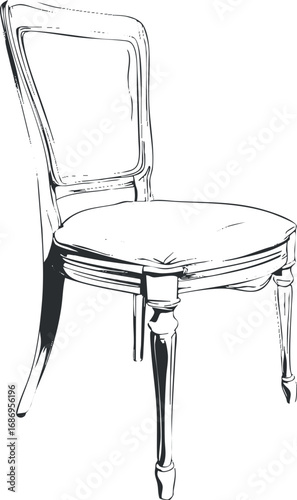 Black and white line drawing of a classic wooden upholstered chair with elegant design