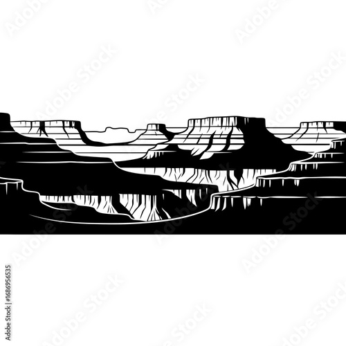 Grand canyon landscape silhouette isolated on white background