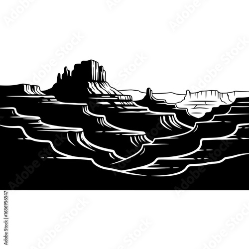 Grand canyon landscape silhouette isolated on white background