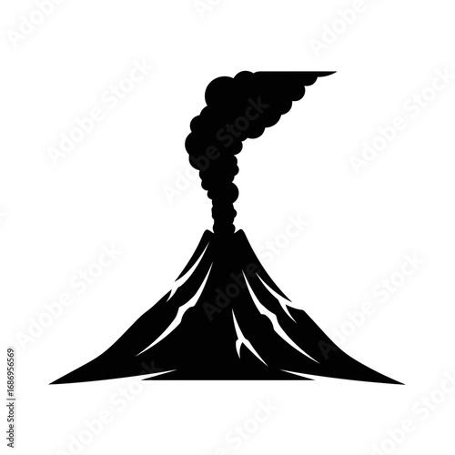 Volcano erupting smoke silhouette isolated on white background