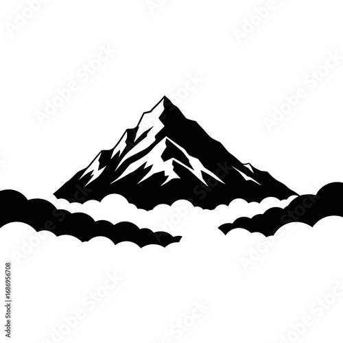 Mountain peak silhouette above clouds isolated on white background silhouette
