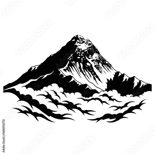 Mountain peak silhouette with clouds isolated on white background