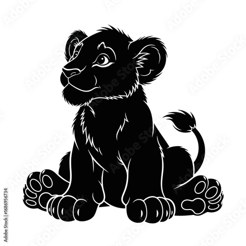Cute baby lion cub sitting silhouette isolated on white background