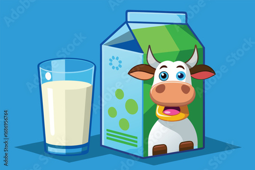 Delightful Milk Presentation Cartoon Cow Carton and Glass of Milk Against a Blue Background Ideal for Children's Illustration