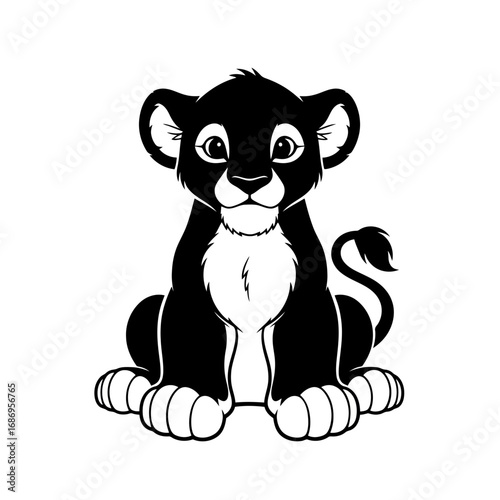 Cute cartoon lion cub silhouette isolated on white background
