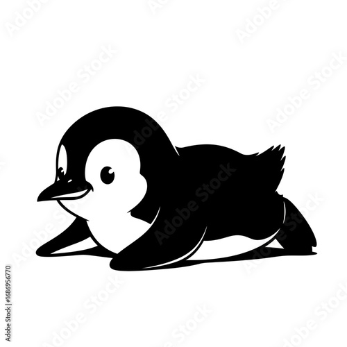 Cute penguin lying down silhouette isolated on white background