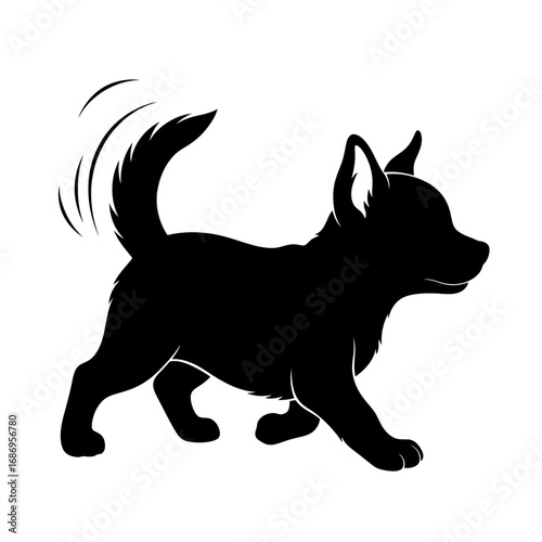 Small dog walking happily silhouette isolated on white background