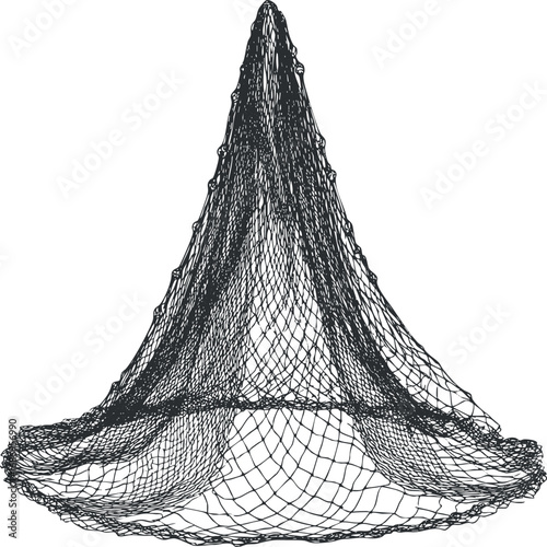 Detailed black and white illustration of a fishing net with mesh pattern isolated on white background