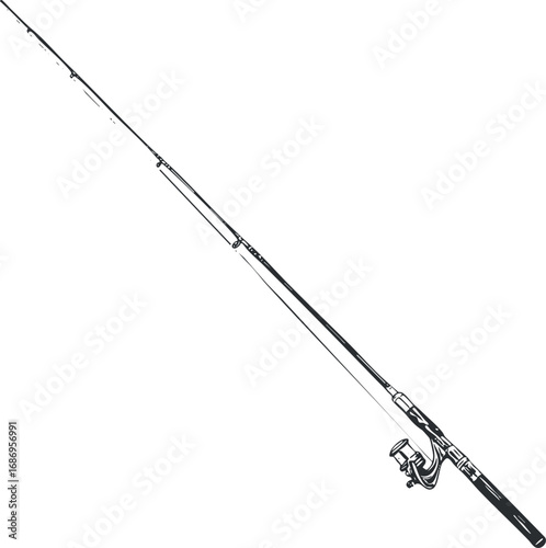 Black and white illustration of a fishing rod with reel for fishing and outdoor recreational activities