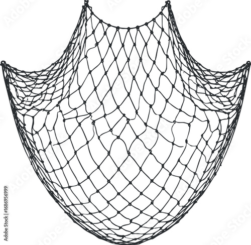 Black fishing net made of knotted rope mesh isolated on white background with visible texture and pattern