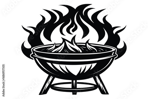 Monochrome Illustration of a Charcoal Grill with Flames for Outdoor Cooking and Summer Gatherings or Barbecue Events