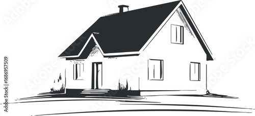 Black and white sketch of a residential house with a pitched roof and chimney, showing windows and front entrance.