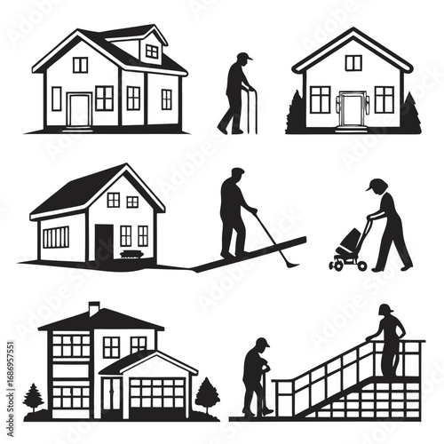 Accessible housing and elderly care support icons 
