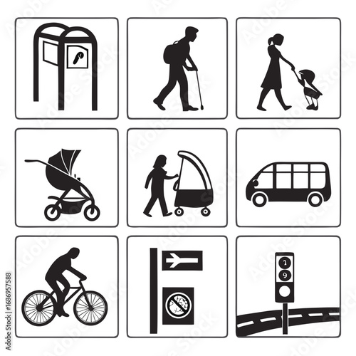 Urban transportation and pedestrian mobility icons 
