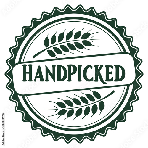 Handpicked badge with wheat branch design 
