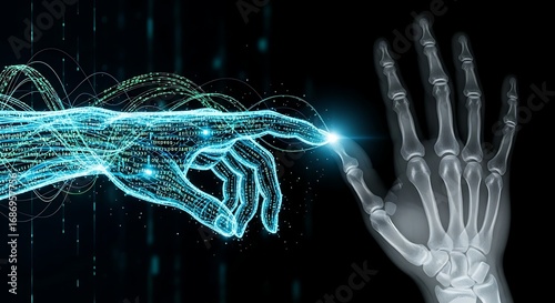 Digital Hand Reaching Human X-Ray - Technological Symbiosis.