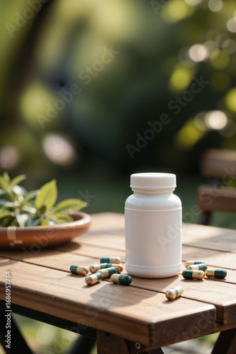 White Supplement Bottle on a Wooden Table with Capsules Around It