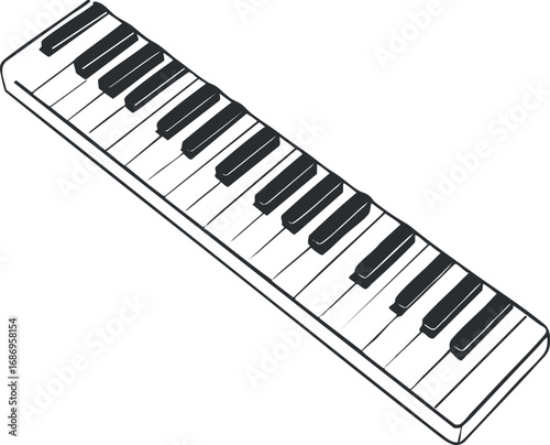 Black and white piano keyboard with keys, musical instrument for playing melodies and music