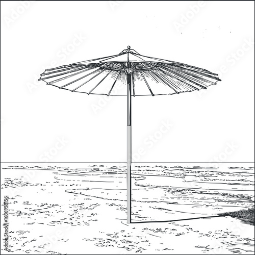 Black and white sketch of a single beach umbrella casting shade on sandy shore by the ocean
