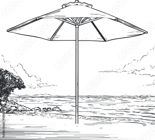 Black and white illustration of a beach umbrella providing shade on a coastal shore with ocean and sky background