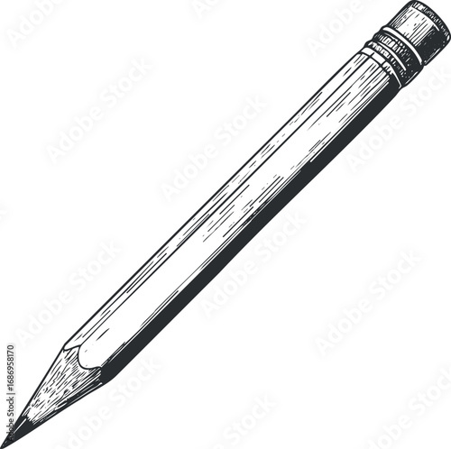 Black and white sketch illustration of a wooden pencil with eraser for writing and drawing