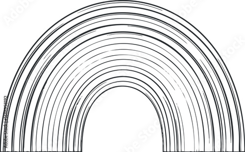 Black and white sketch of a rainbow with multiple curved lines creating an abstract arch pattern