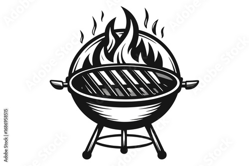 Monochrome Illustration of a Classic Charcoal Grill with Lid Open, Smoke Rising from the Coals, Ready for a Barbecue