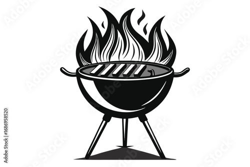 Monochrome Illustration of a Classic Charcoal Grill with Lid Open, Smoke Rising from the Coals, Ready for a Barbecue