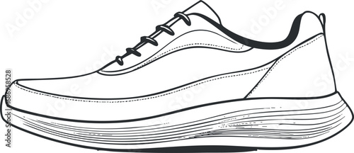 Black and white vector illustration of a modern casual running sneaker with laces and detailed sole design