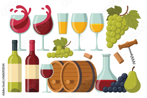 Collection of wine and grape related items for wine tasting and production