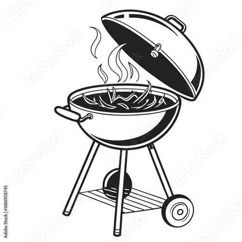 Monochrome Illustration of a Classic Charcoal Grill with Lid Open, Smoke Rising from the Coals, Ready for a Barbecue